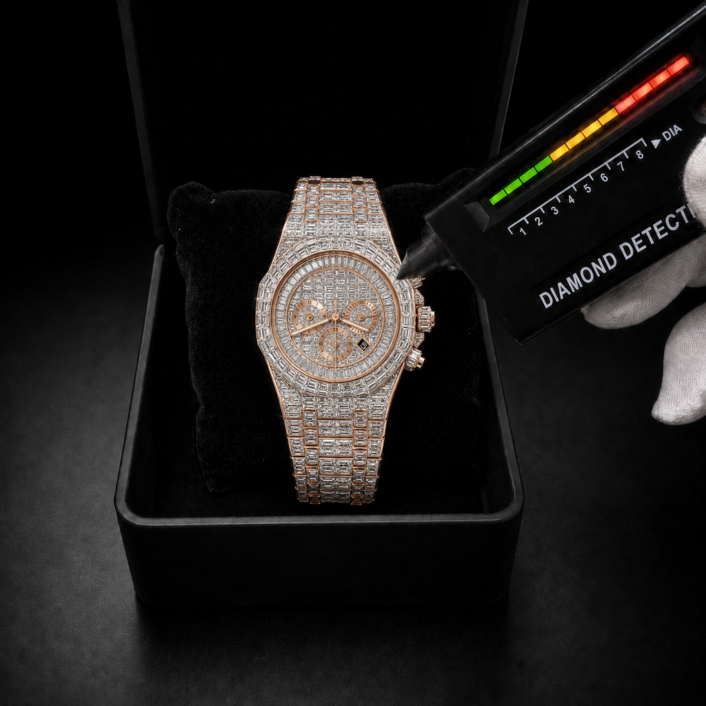 Rose Gold Full Baguette Iced Chronograph Moissanite Watch
