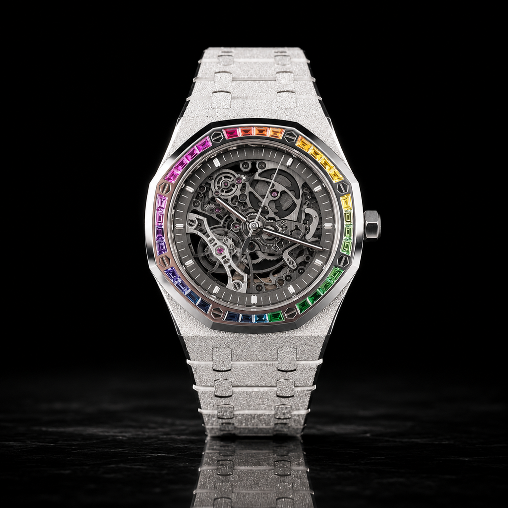 Men’s Rainbow Bezel Skeleton Dial  Silver Finish  Luxury Bracelet Timepiece
