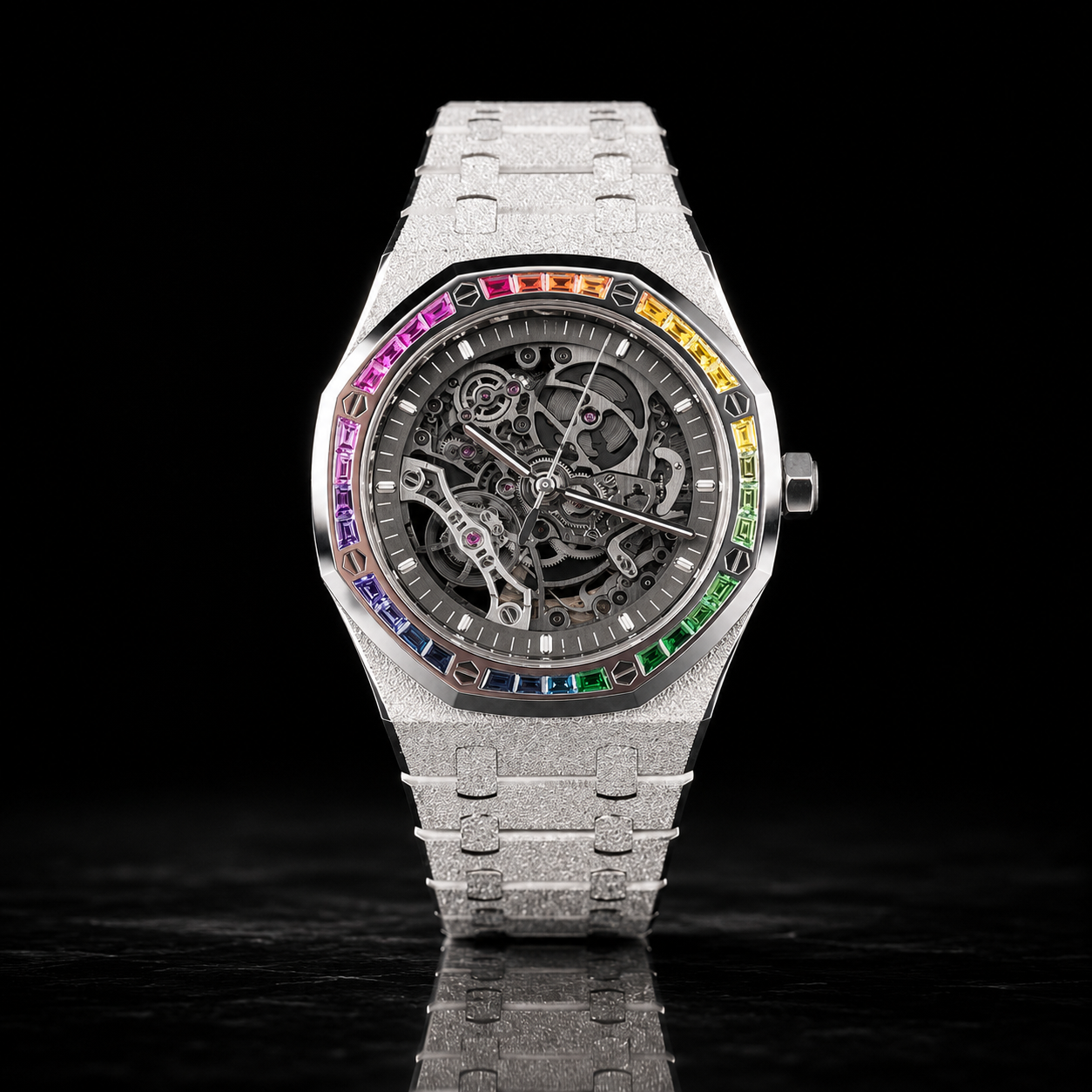 Men’s Rainbow Bezel Skeleton Dial  Silver Finish  Luxury Bracelet Timepiece