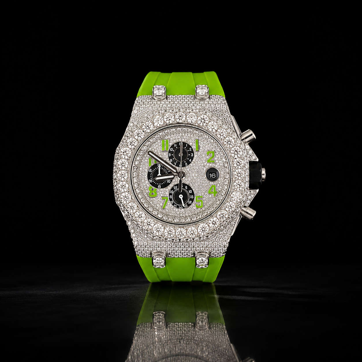 Men’s Green Strap Iced Out Chronograph Moissanite Luxury Timepiece