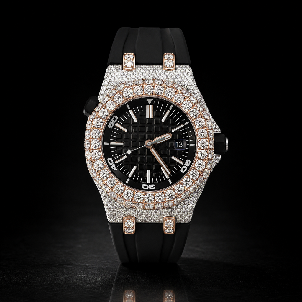 Black Rubber Strap Iced Out Sport Rose Gold Finish  Moissanite Luxury Watch
