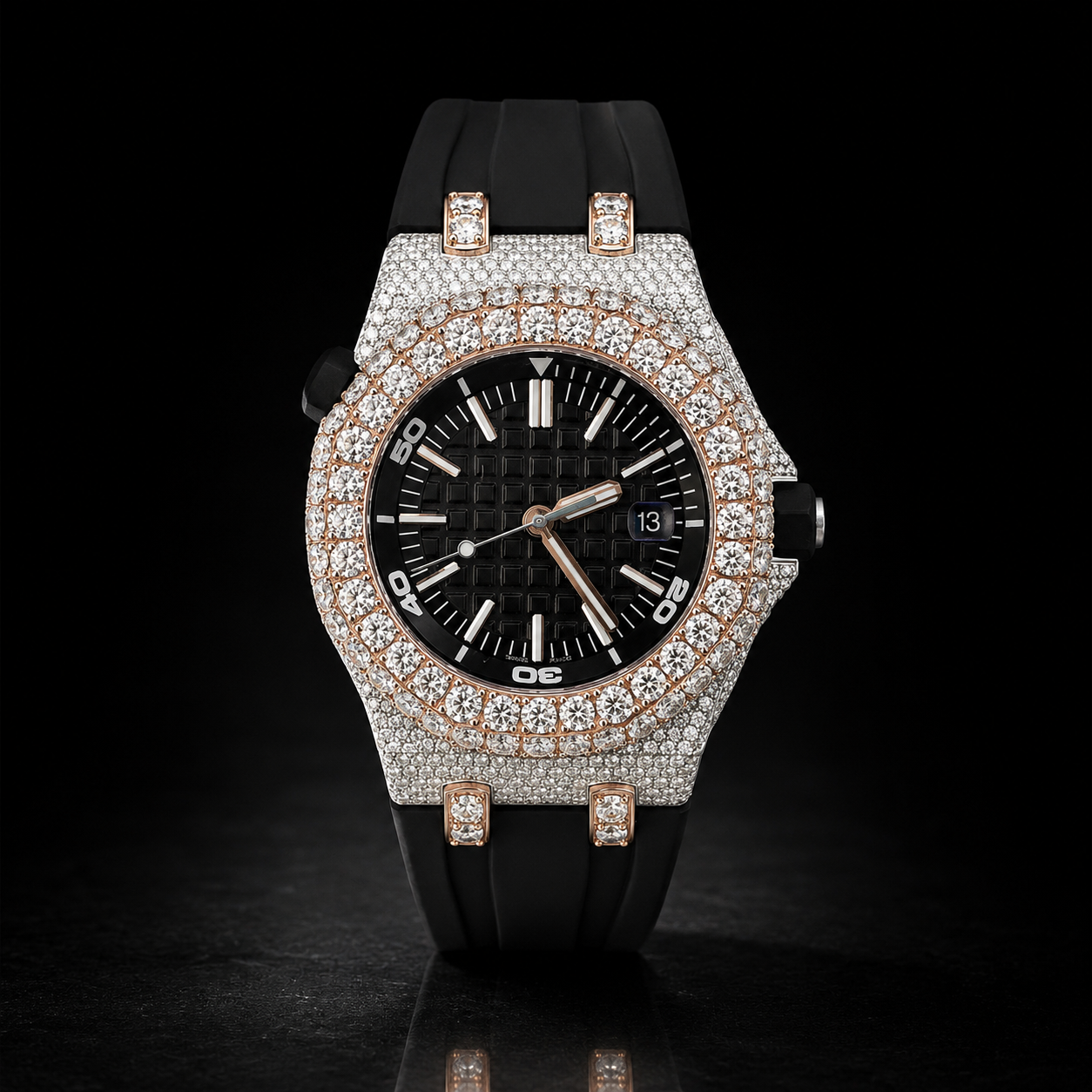 Black Rubber Strap Iced Out Sport Rose Gold Finish  Moissanite Luxury Watch