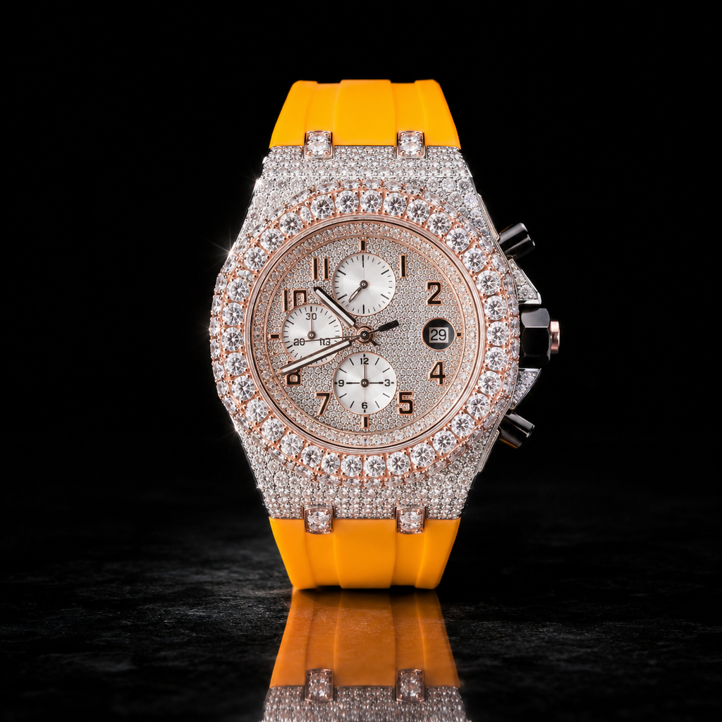 Two Tone Iced Out Chronograph Men’s Yellow Strap Moissanite  Luxury Timepiece