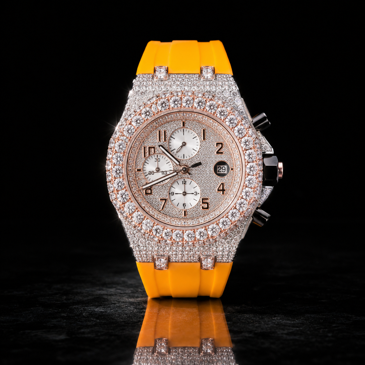 Two Tone Iced Out Chronograph Men’s Yellow Strap Moissanite  Luxury Timepiece