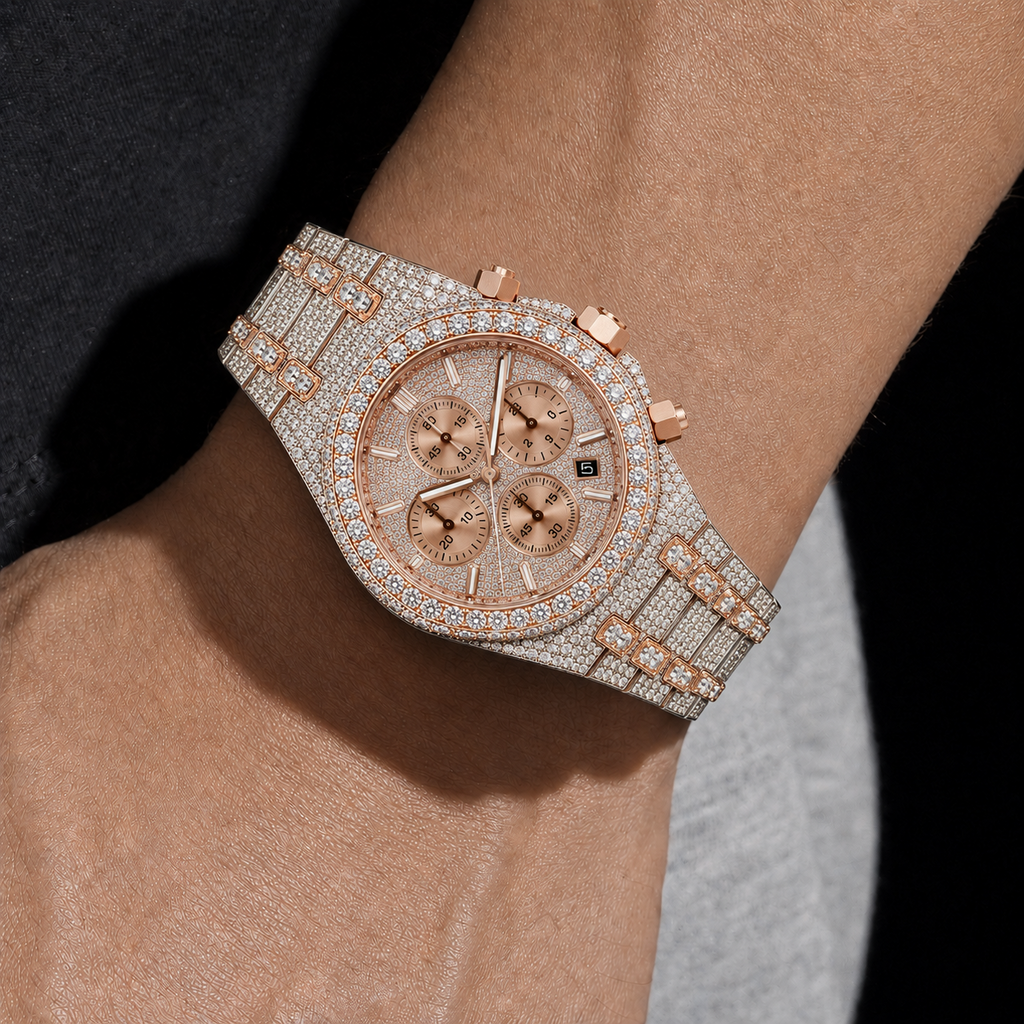 Two-Tone Iced Out Chronograph Watch Rose Gold VVS Moissanite Timepiece