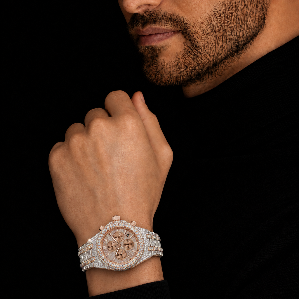 Two-Tone Iced Out Chronograph Watch Rose Gold VVS Moissanite Timepiece
