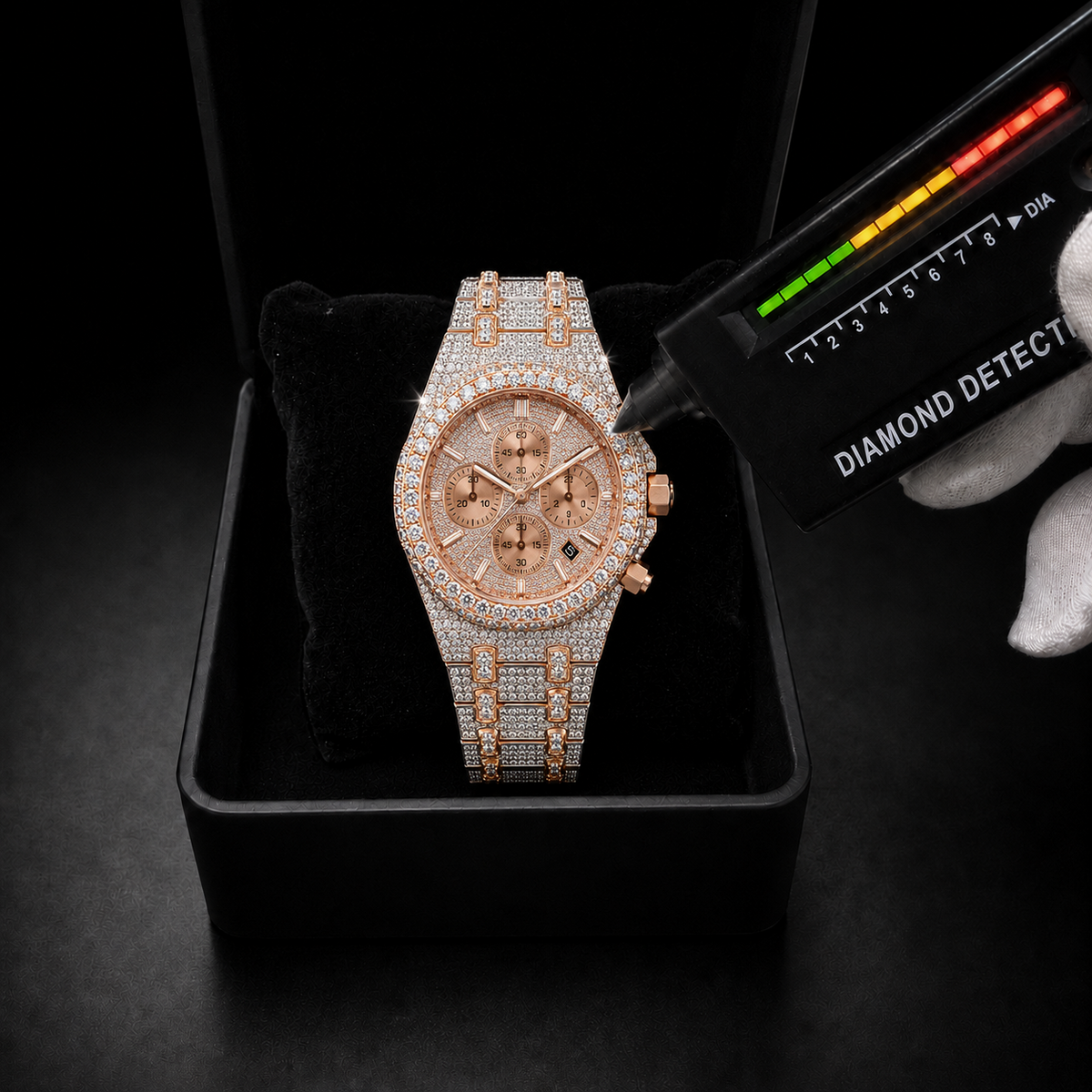 Two-Tone Iced Out Chronograph Watch Rose Gold VVS Moissanite Timepiece