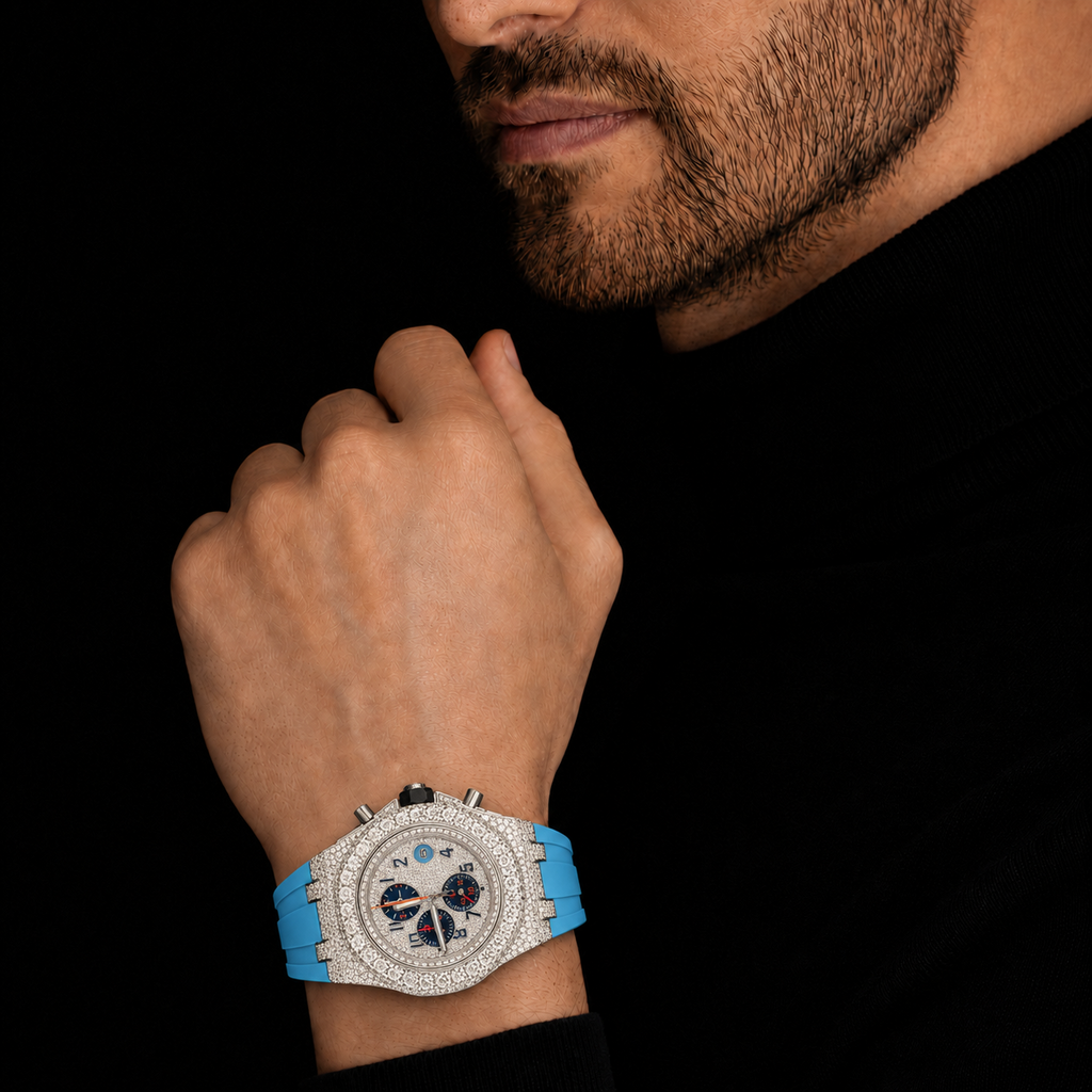 Sky Blue Strap Bust Down Chronograph Moissanite Arabic Dial Timepiece