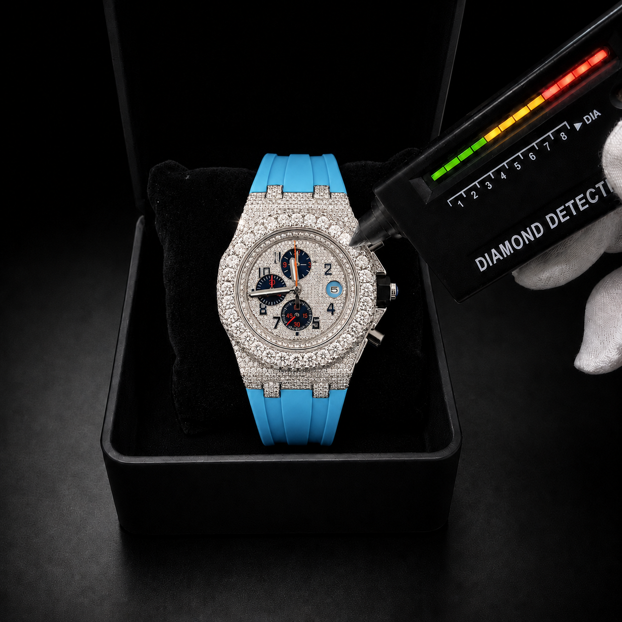 Sky Blue Strap Bust Down Chronograph Moissanite Arabic Dial Timepiece
