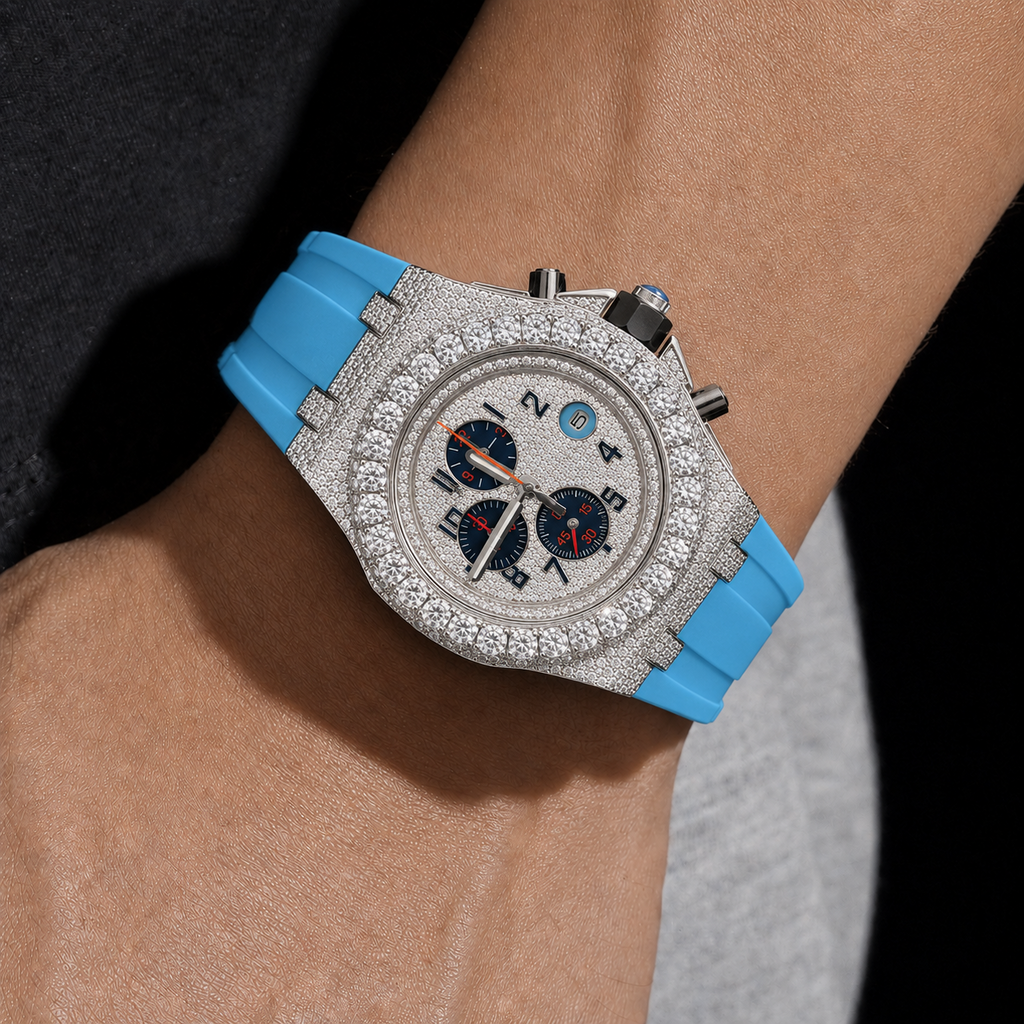 Sky Blue Strap Bust Down Chronograph Moissanite Arabic Dial Timepiece