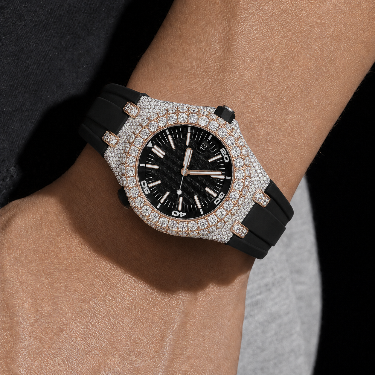 Black Rubber Strap Iced Out Sport Rose Gold Finish  Moissanite Luxury Watch