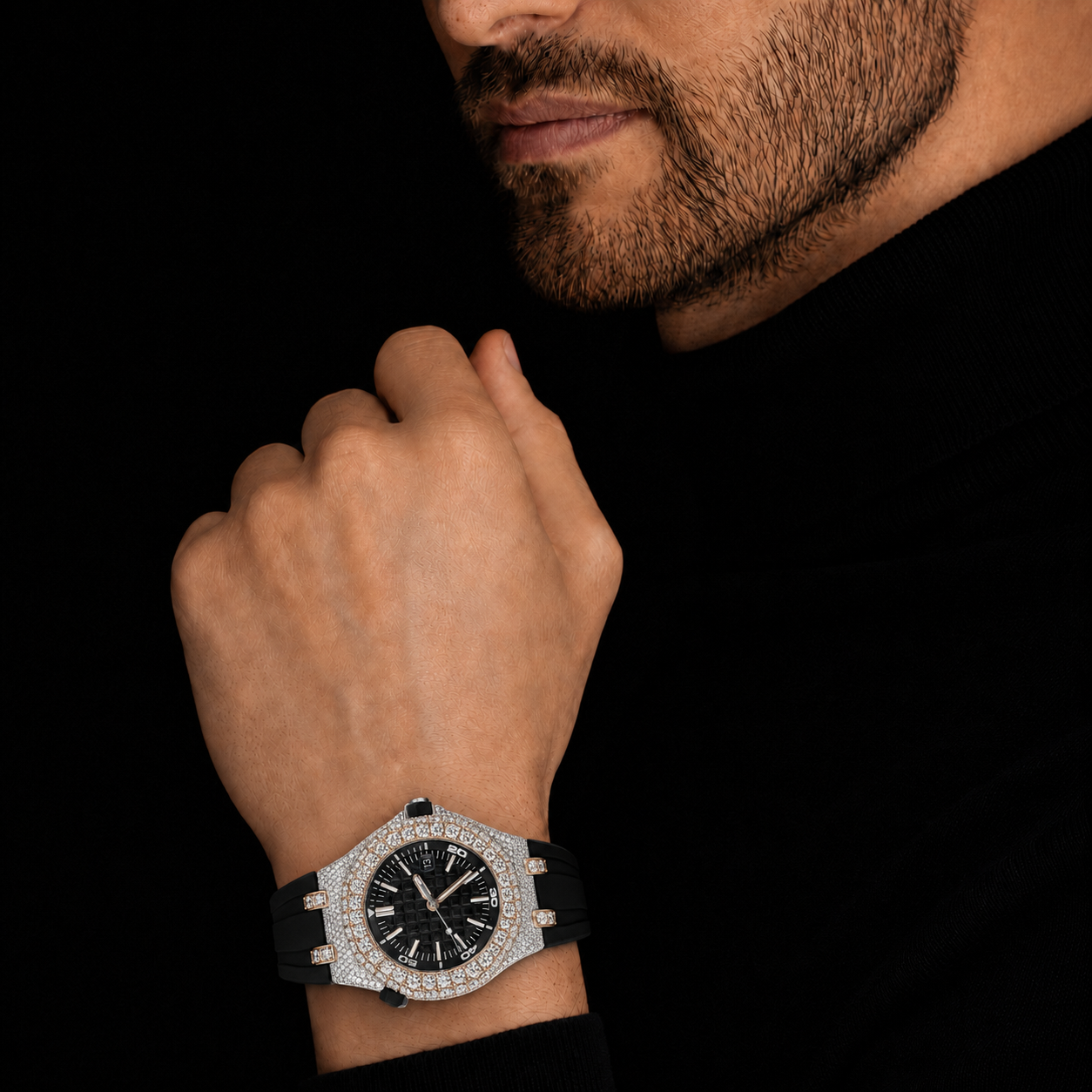 Black Rubber Strap Iced Out Sport Rose Gold Finish  Moissanite Luxury Watch