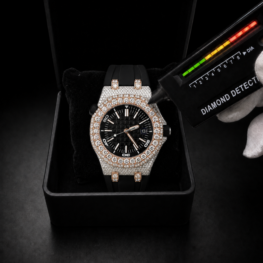 Black Rubber Strap Iced Out Sport Rose Gold Finish  Moissanite Luxury Watch