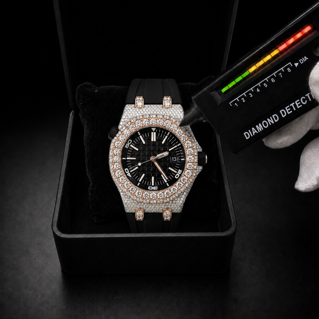 Black Rubber Strap Iced Out Sport Rose Gold Finish  Moissanite Luxury Watch