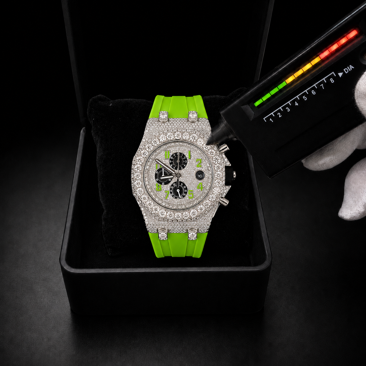 Men’s Green Strap Iced Out Chronograph Moissanite Luxury Timepiece