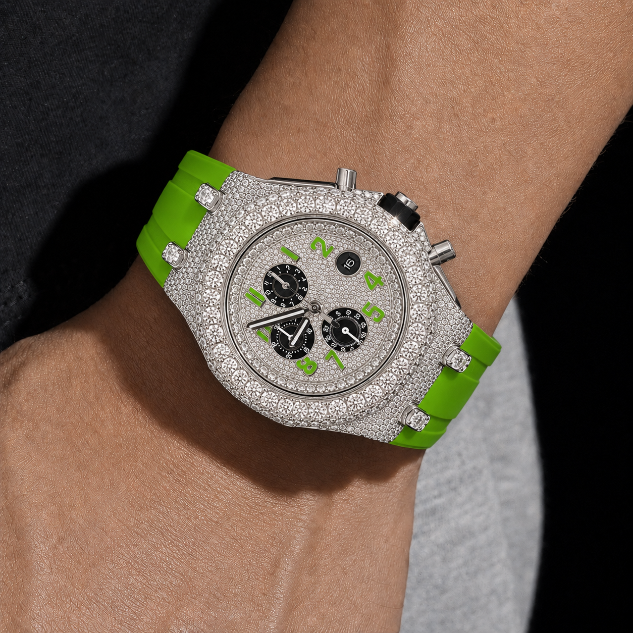 Men’s Green Strap Iced Out Chronograph Moissanite Luxury Timepiece