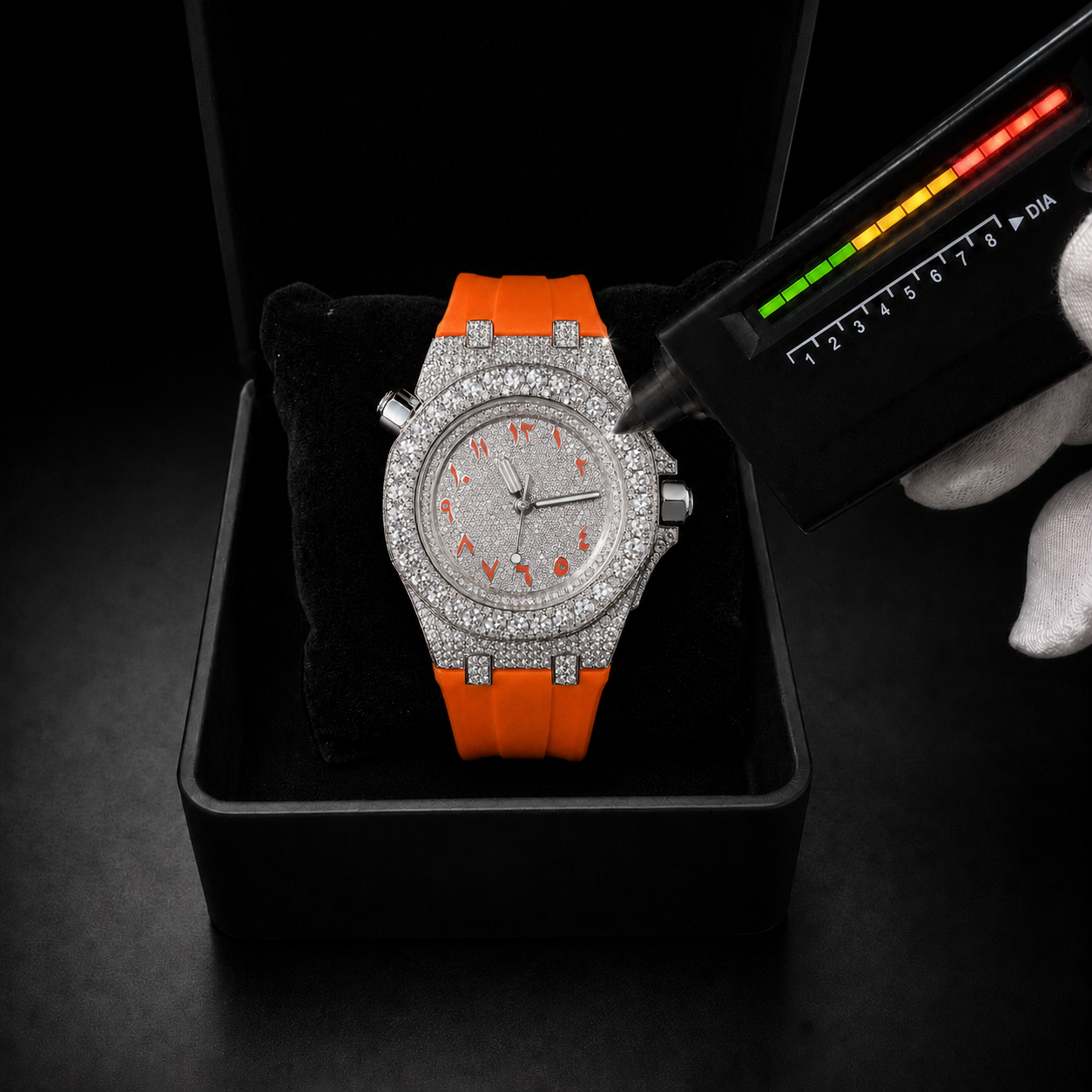 Men’s Iced Out Orange Strap  Arabic Dial Sport Bust Down Watch