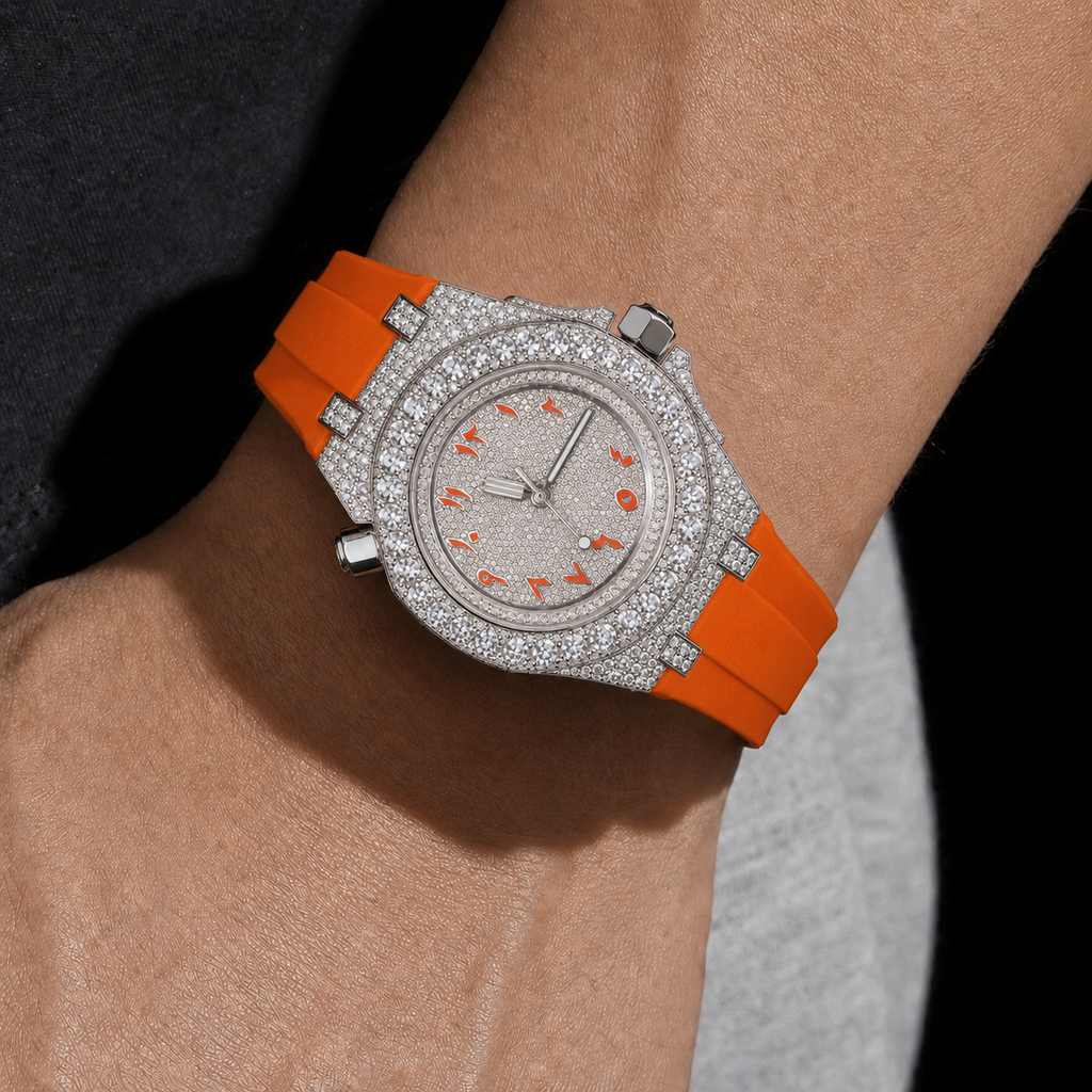 Men’s Iced Out Orange Strap  Arabic Dial Sport Bust Down Watch