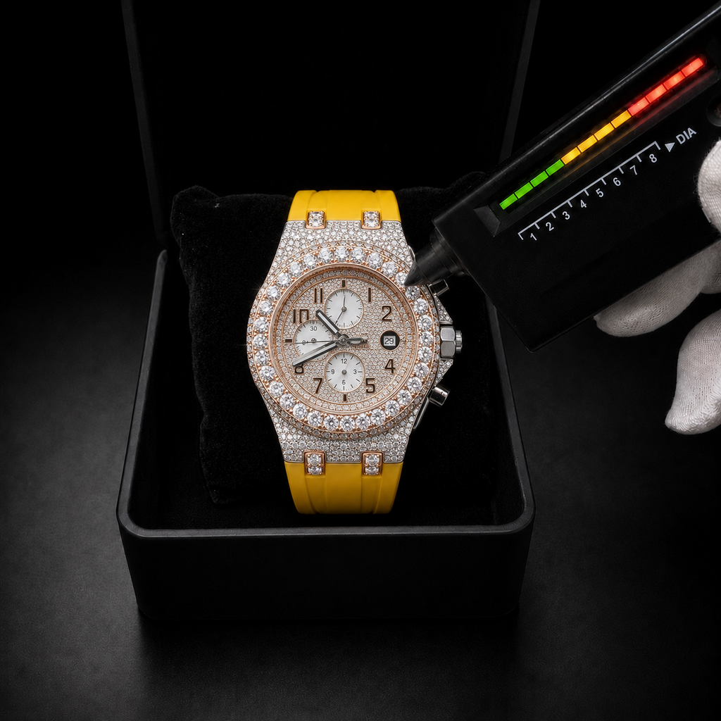 Two Tone Iced Out Chronograph Men’s Yellow Strap Moissanite  Luxury Timepiece