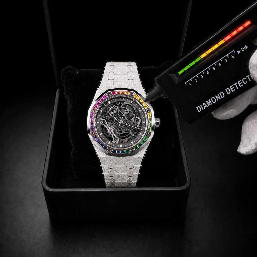 Men’s Rainbow Bezel Skeleton Dial  Silver Finish  Luxury Bracelet Timepiece