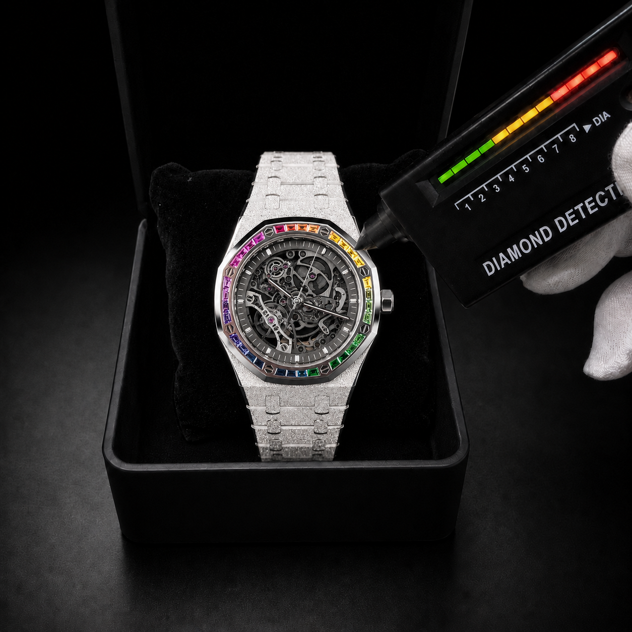 Men’s Rainbow Bezel Skeleton Dial  Silver Finish  Luxury Bracelet Timepiece