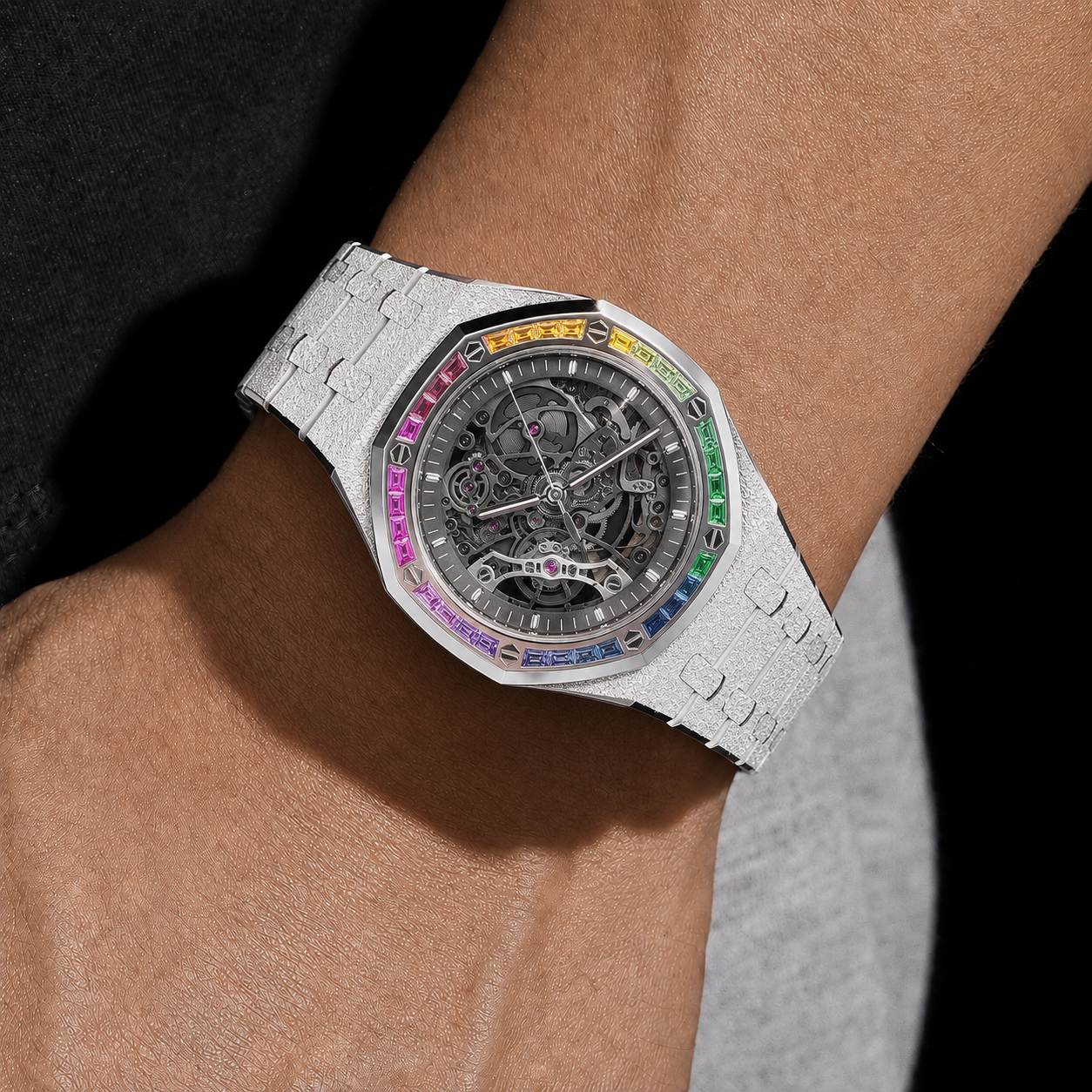 Men’s Rainbow Bezel Skeleton Dial  Silver Finish  Luxury Bracelet Timepiece
