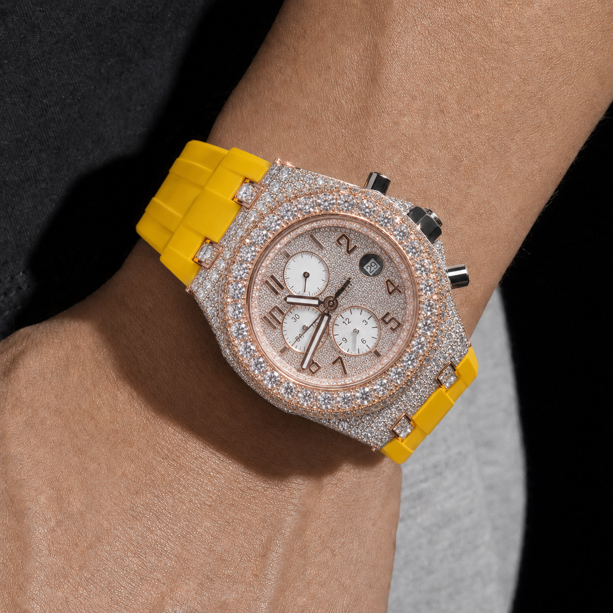 Two Tone Iced Out Chronograph Men’s Yellow Strap Moissanite  Luxury Timepiece