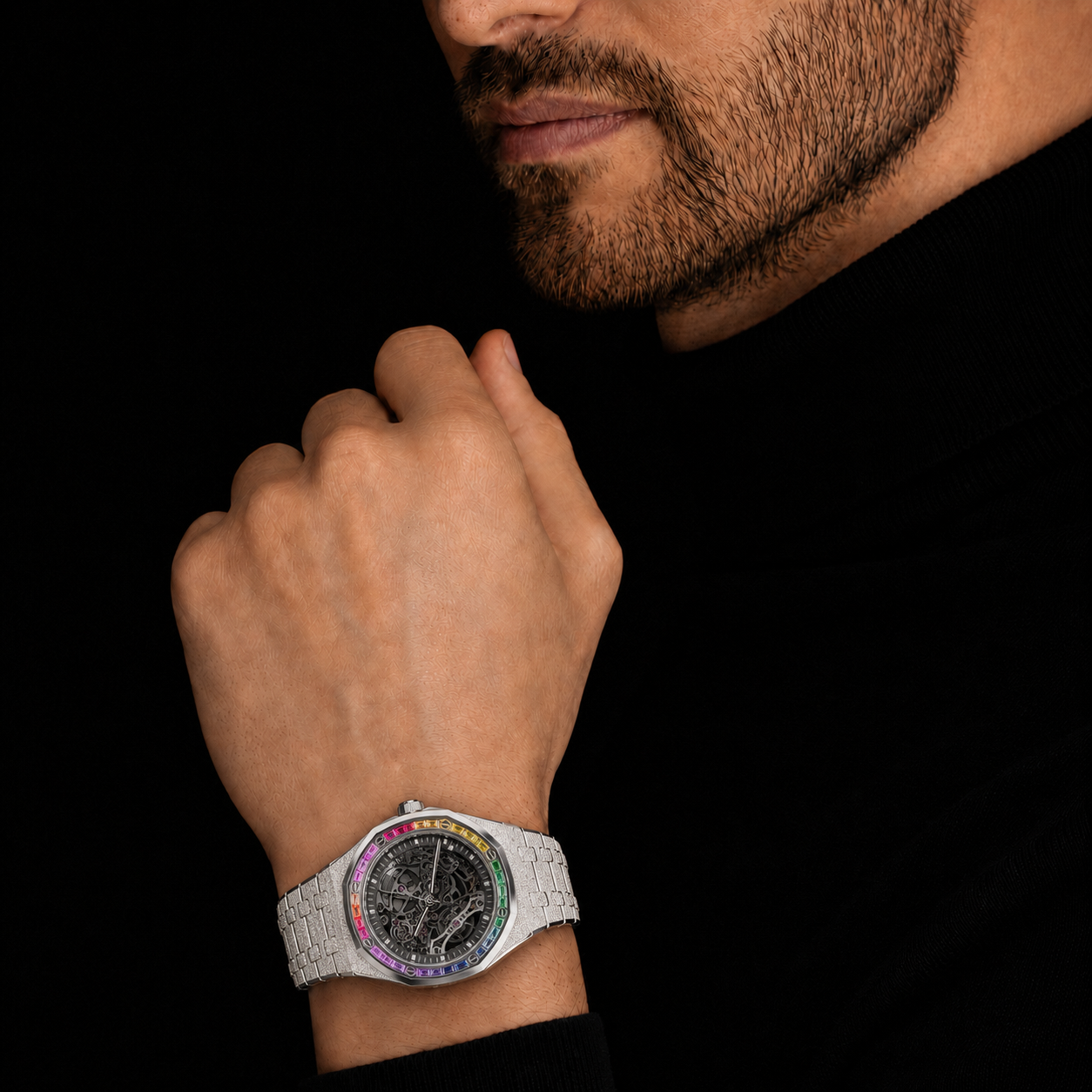 Men’s Rainbow Bezel Skeleton Dial  Silver Finish  Luxury Bracelet Timepiece