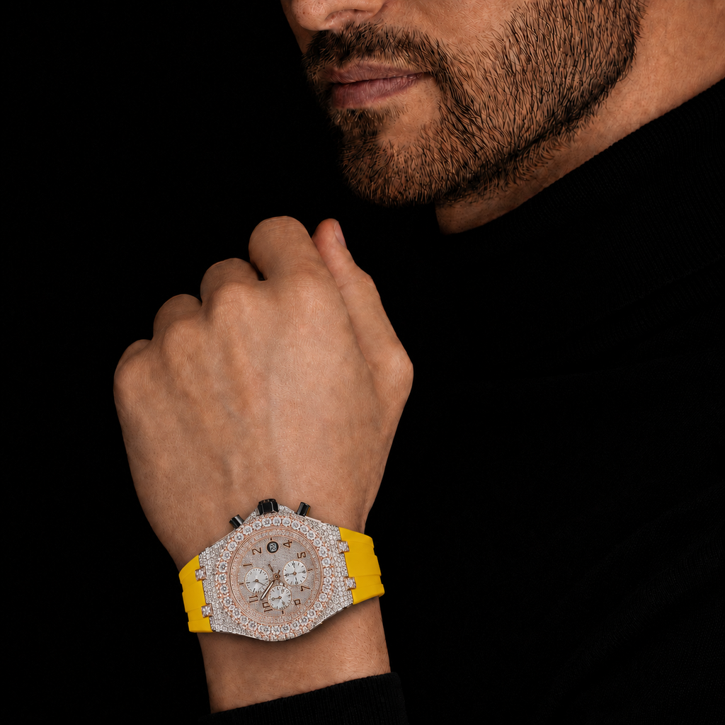 Two Tone Iced Out Chronograph Men’s Yellow Strap Moissanite  Luxury Timepiece