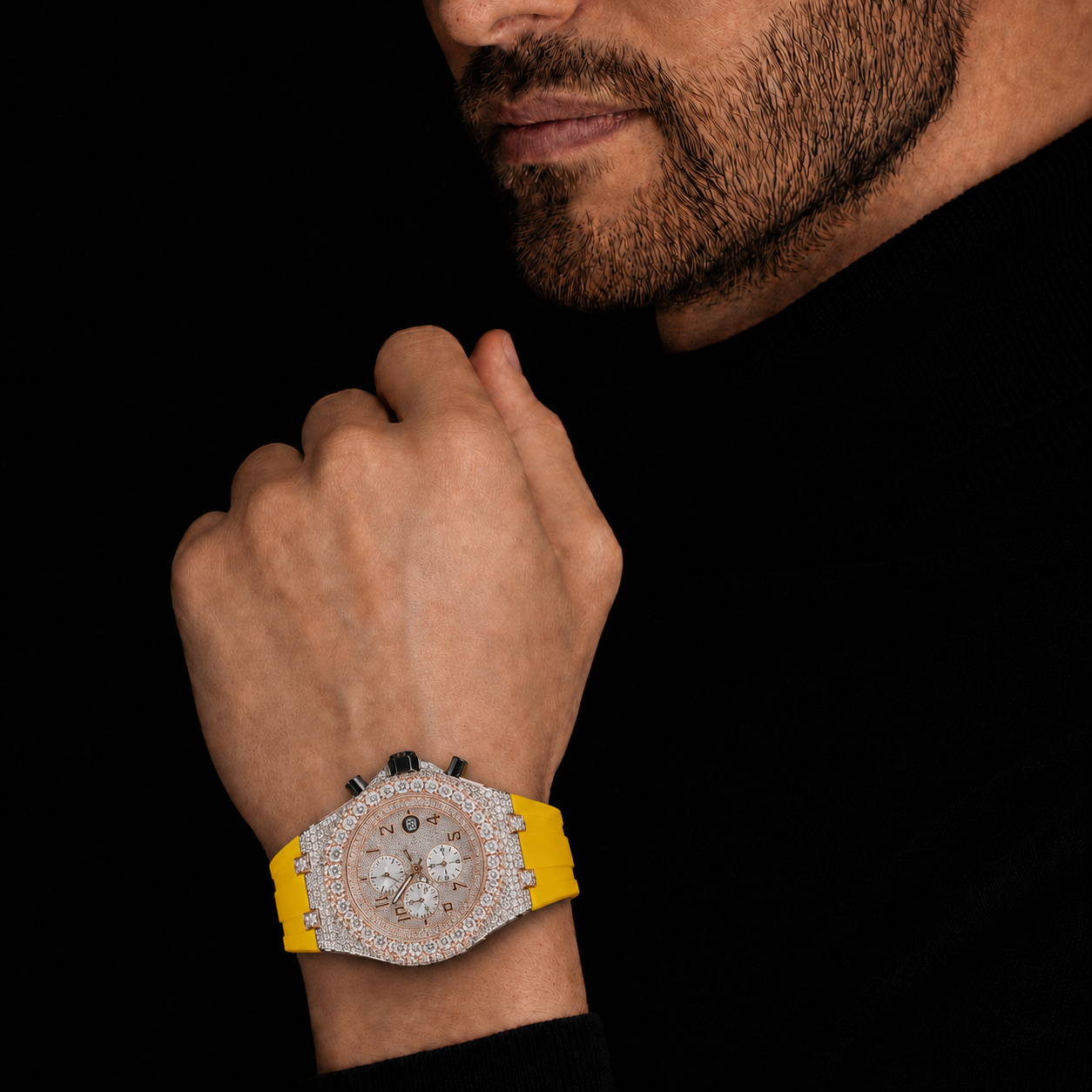 Two Tone Iced Out Chronograph Men’s Yellow Strap Moissanite  Luxury Timepiece