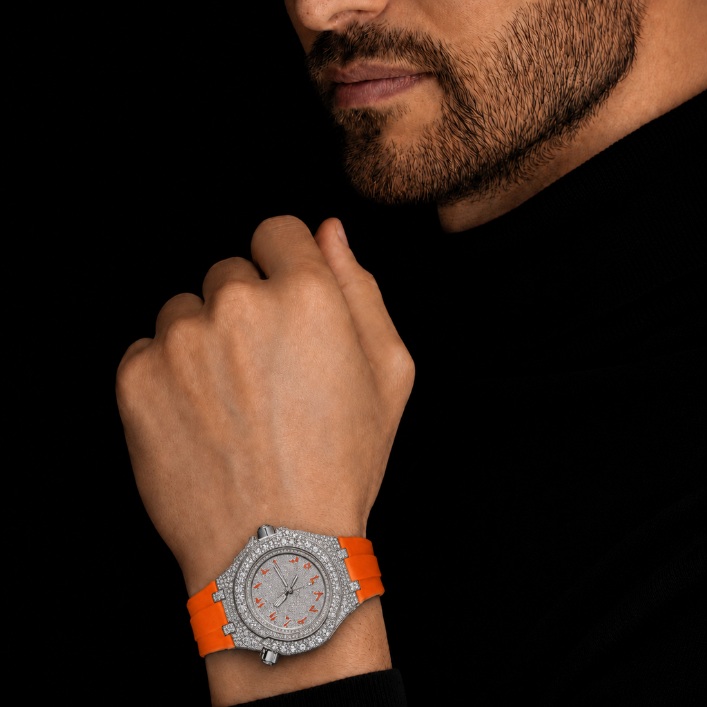 Men’s Iced Out Orange Strap  Arabic Dial Sport Bust Down Watch