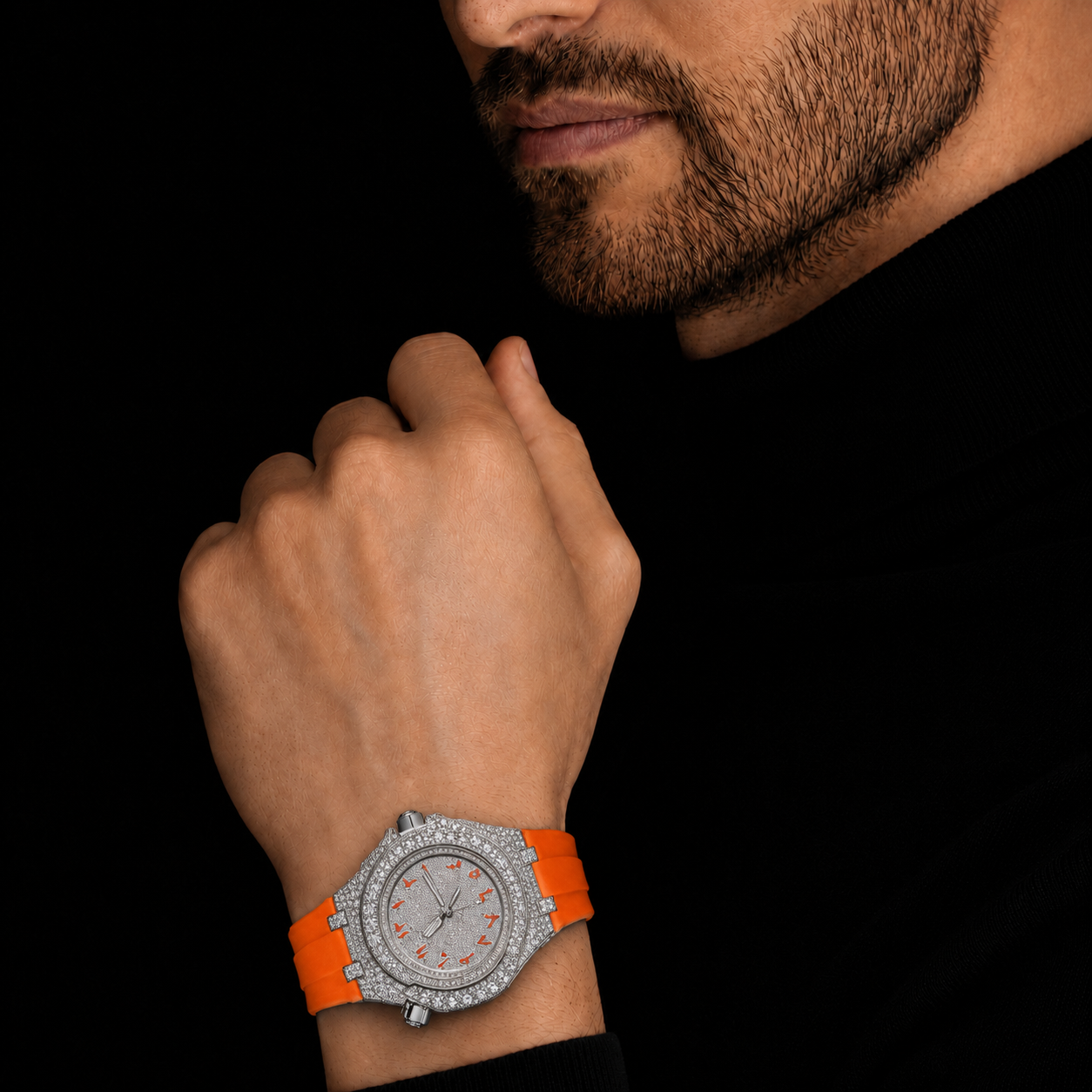 Men’s Iced Out Orange Strap  Arabic Dial Sport Bust Down Watch