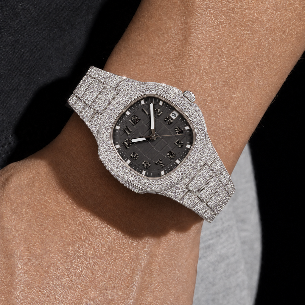 Full Iced Silver Moissanite Watch with Grey Numeral Dial