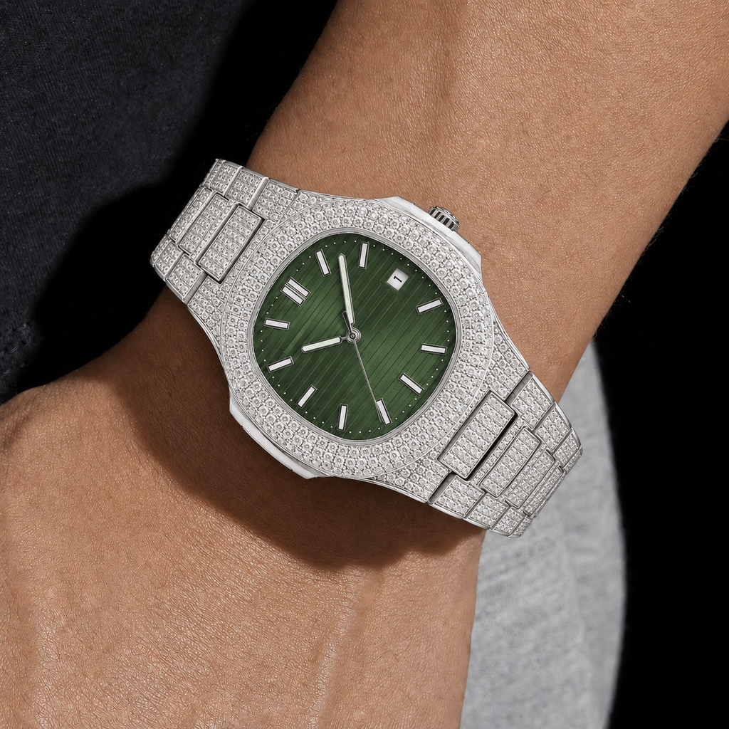 Full Iced Silver Green Dial Moissanite Watch with Integrated Bracelet