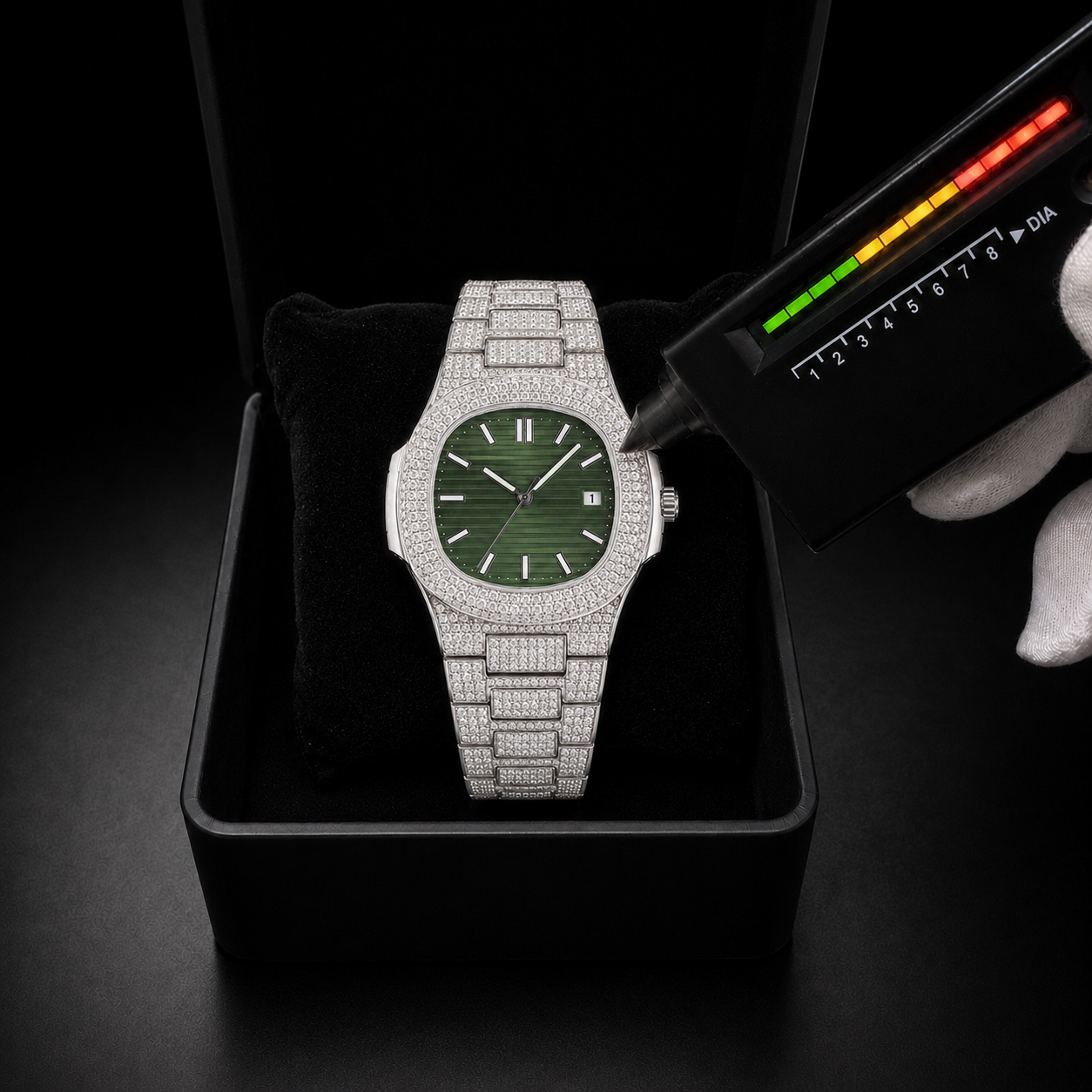 Full Iced Silver Green Dial Moissanite Watch with Integrated Bracelet