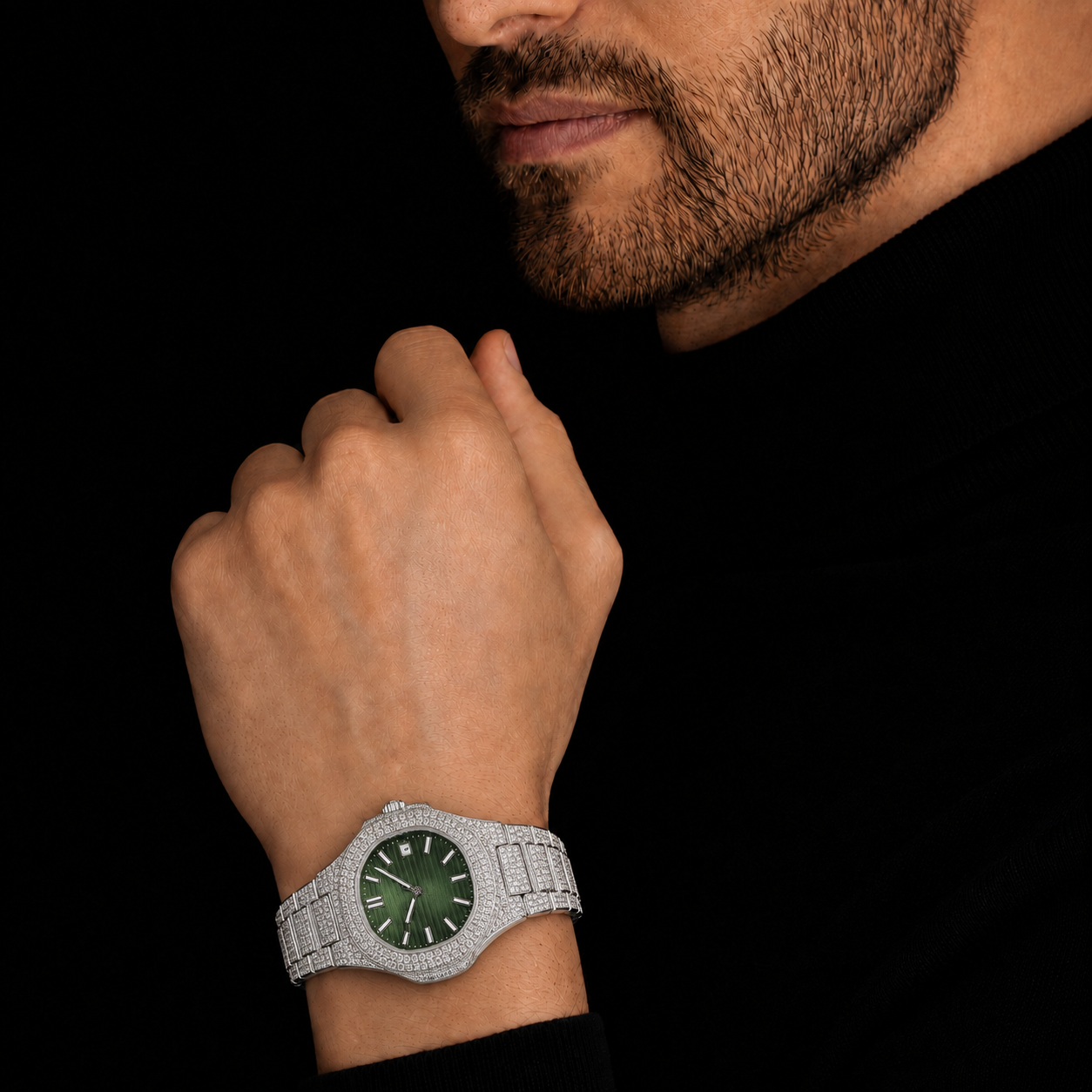 Full Iced Silver Green Dial Moissanite Watch with Integrated Bracelet
