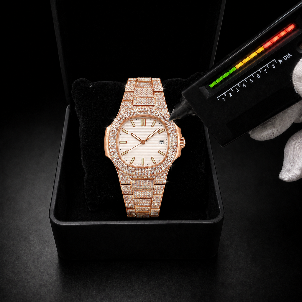 Rose Gold Full Iced Moissanite Watch with White Textured Dial