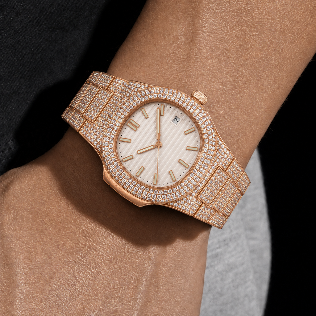 Rose Gold Full Iced Moissanite Watch with White Textured Dial