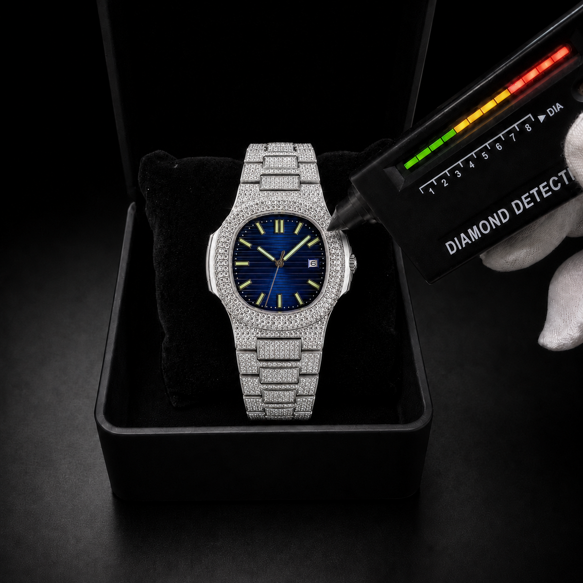 Full Iced Silver Blue Dial Moissanite Watch