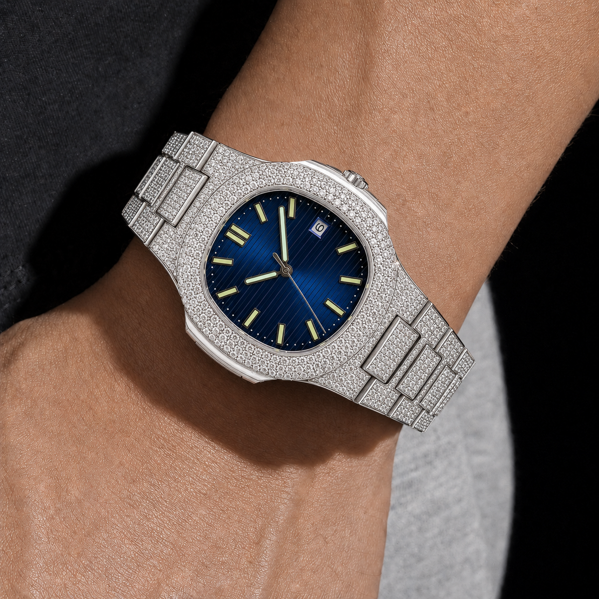Full Iced Silver Blue Dial Moissanite Watch