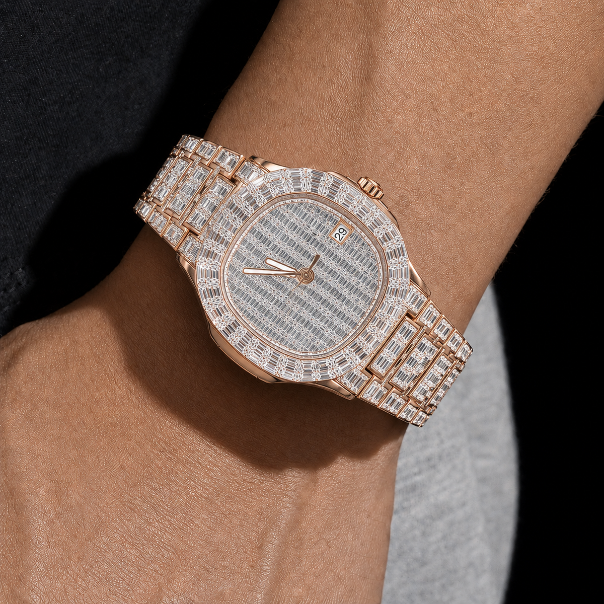 Luxury Rose Gold Baguette Moissanite Watch – Fully Iced Out VVS D Color Diamond Watch | 40MM