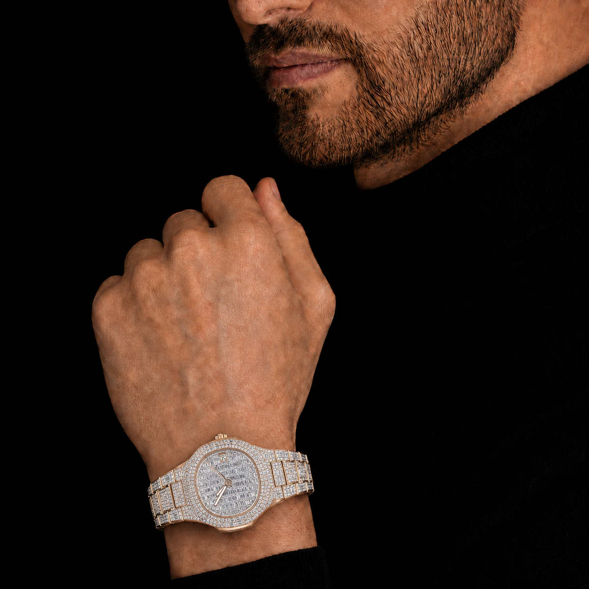 Luxury Rose Gold Baguette Moissanite Watch – Fully Iced Out VVS D Color Diamond Watch | 40MM