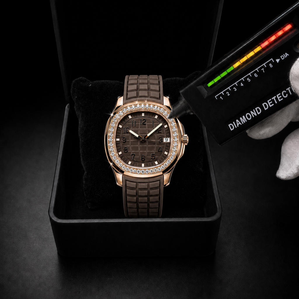 Rose Gold Brown Dial Moissanite Watch with Rubber Strap