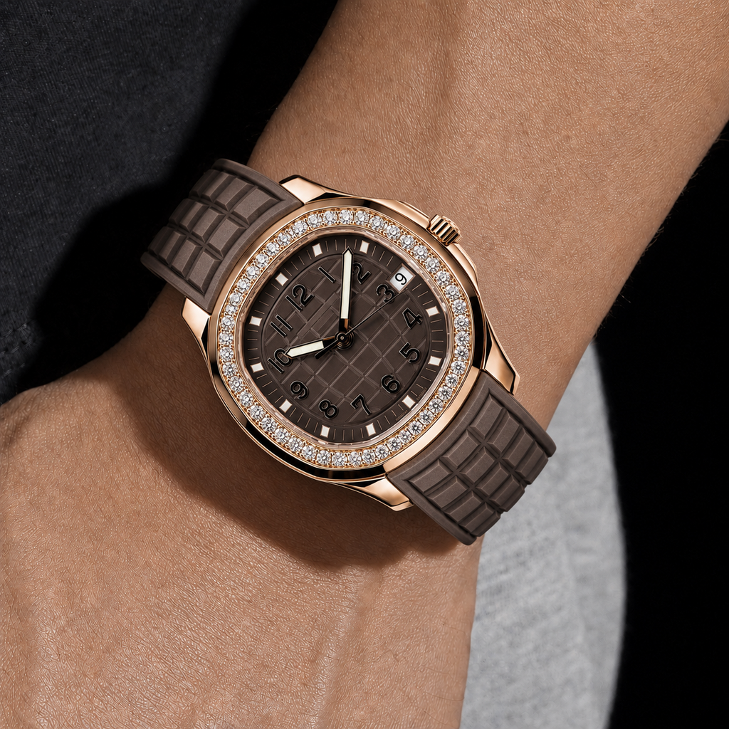 Rose Gold Brown Dial Moissanite Watch with Rubber Strap