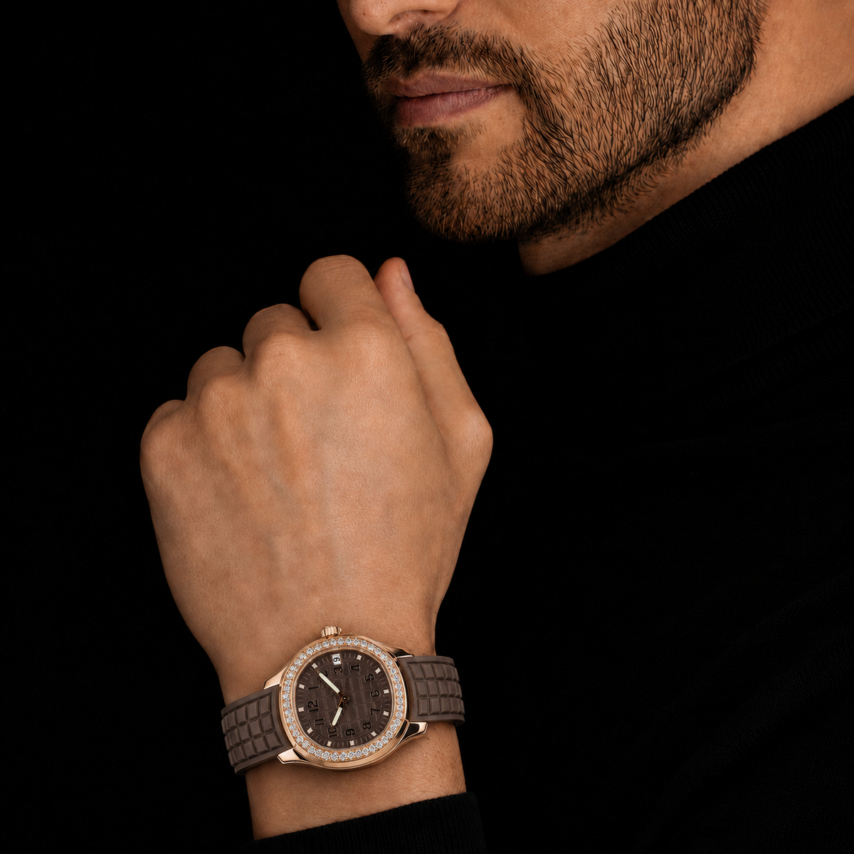 Rose Gold Brown Dial Moissanite Watch with Rubber Strap