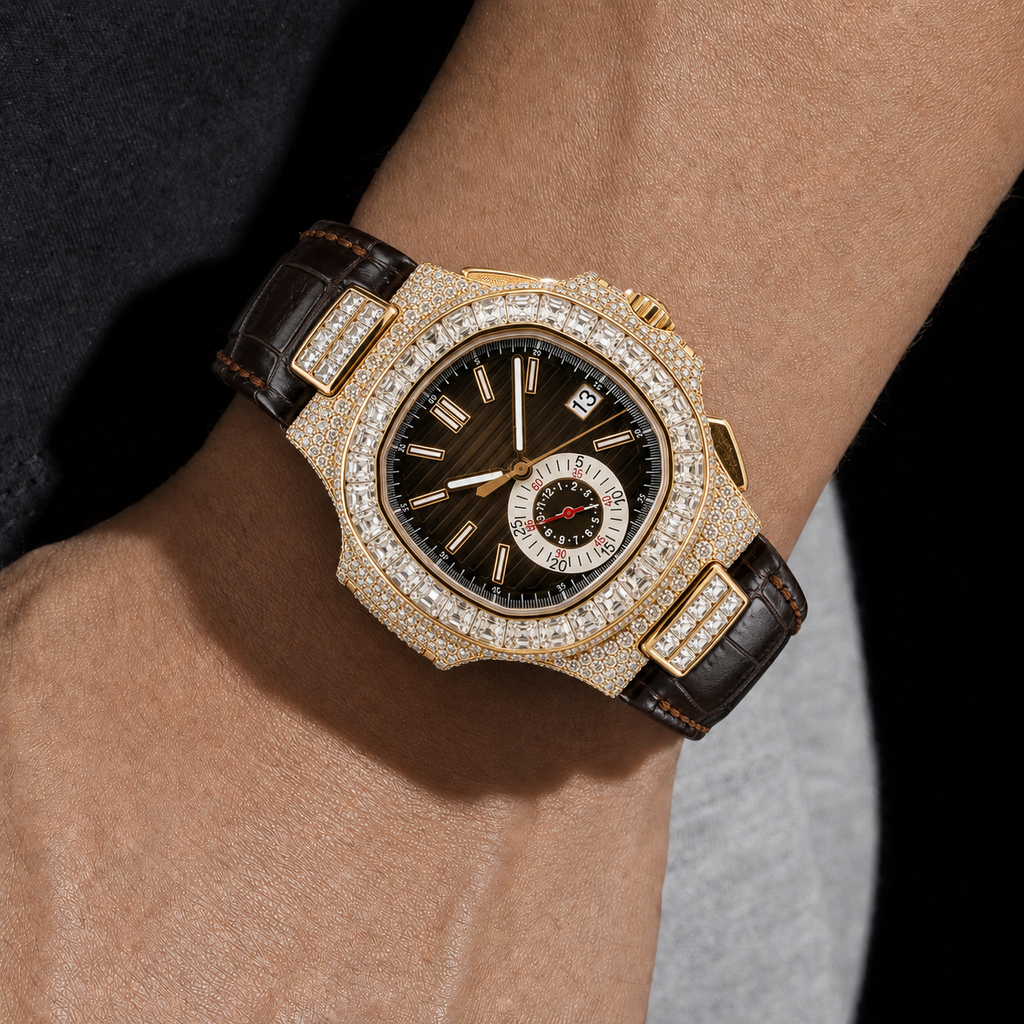 Gold Baguette Bezel Moissanite Watch with Brown Leather Strap