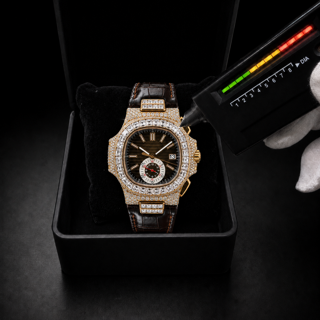 Gold Baguette Bezel Moissanite Watch with Brown Leather Strap