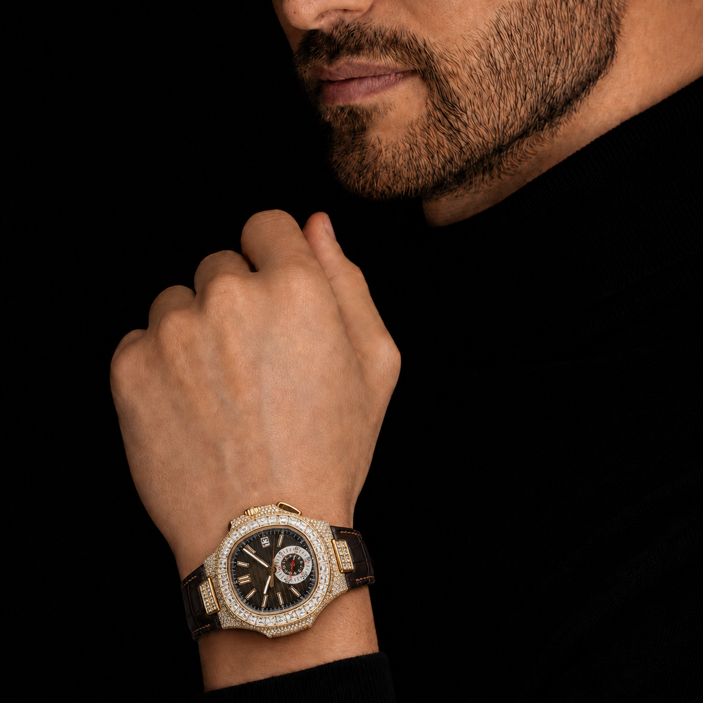 Gold Baguette Bezel Moissanite Watch with Brown Leather Strap