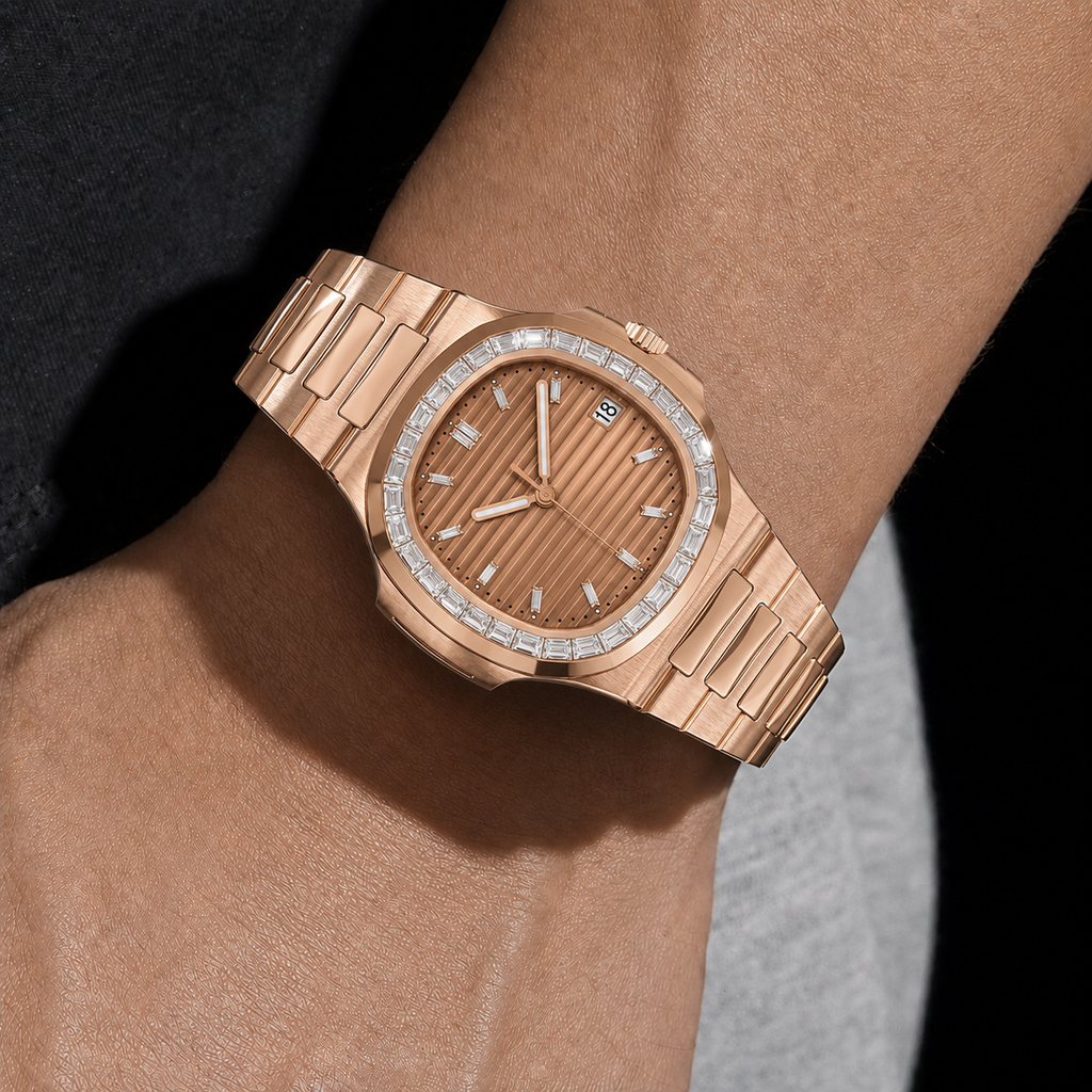 Rose Gold Baguette Bezel Watch with Textured Dial