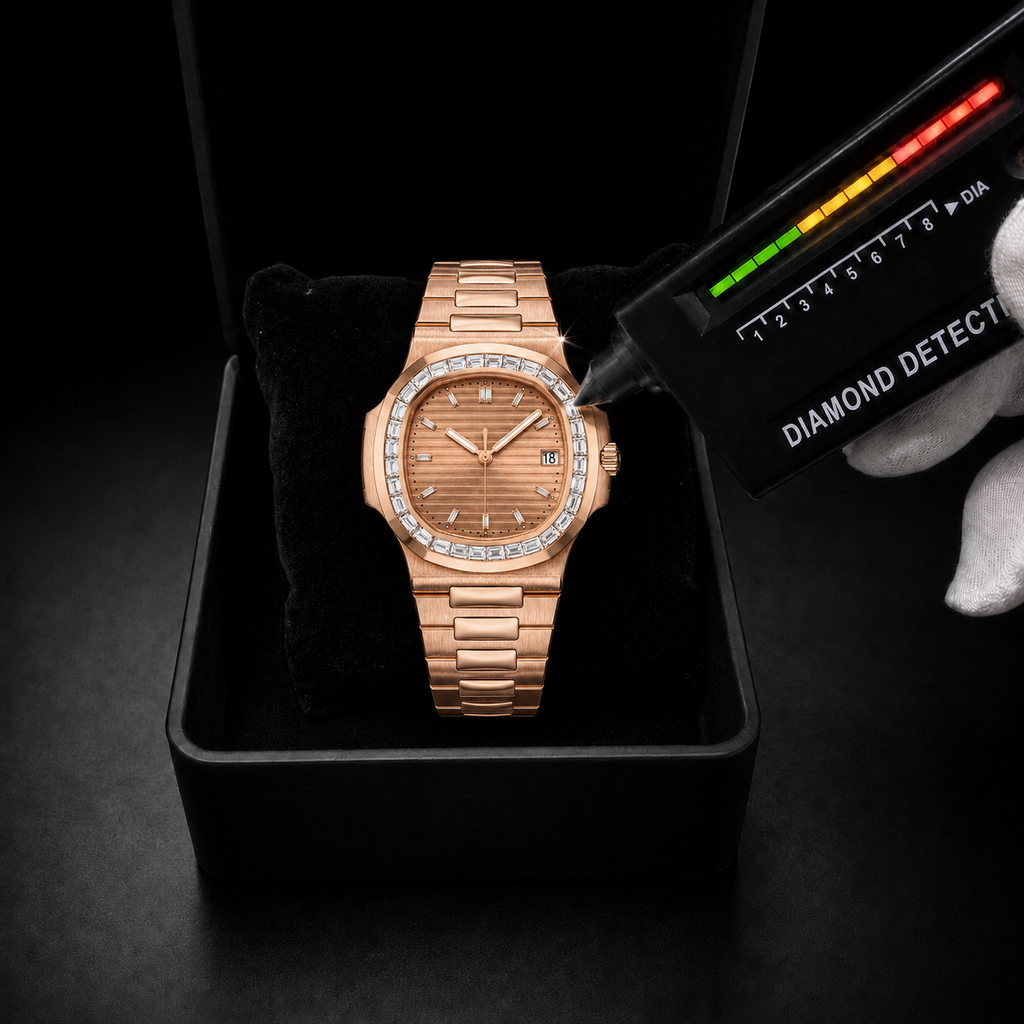Rose Gold Baguette Bezel Watch with Textured Dial